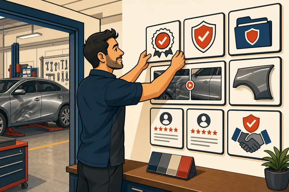 Auto Body Shops trust-builder illustration for proof appears before hesitation.