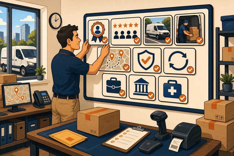 Courier & Delivery Services trust-builder illustration for proof appears before hesitation.