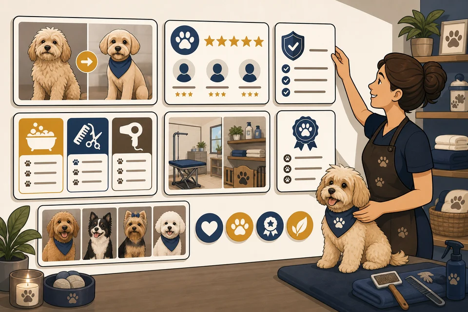 Dog Groomers trust-builder illustration for proof appears before hesitation.