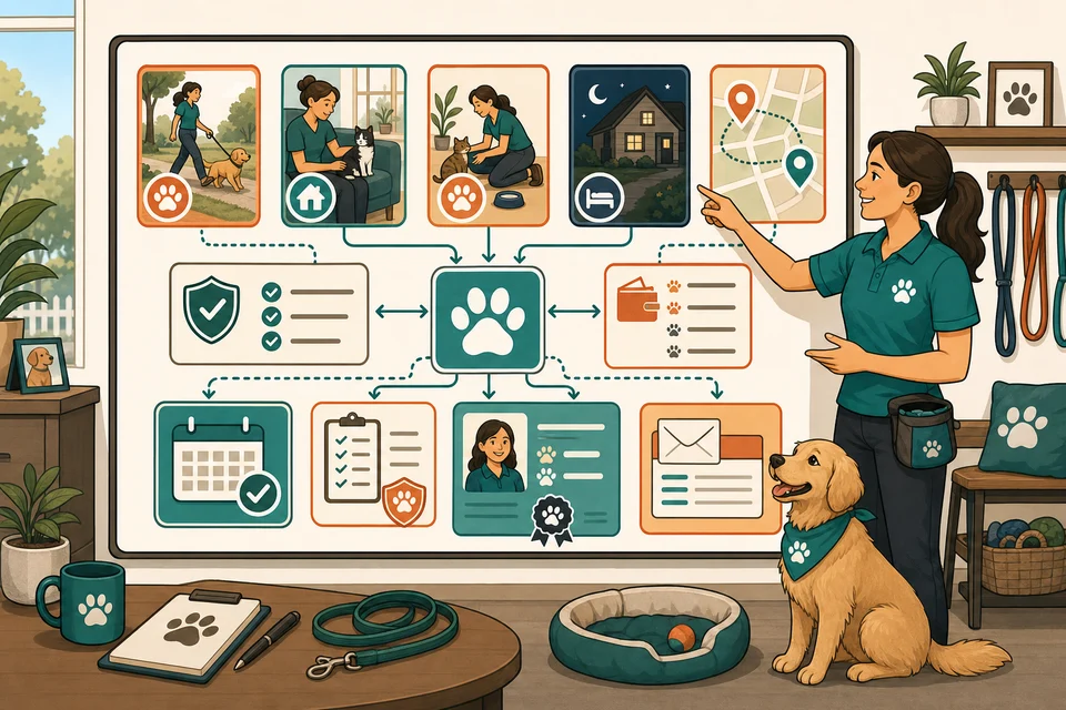 Dog Walkers & Pet Sitters trust-builder illustration for every major offer has a path.